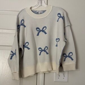 She + Sky White Sweater with Blue Bow Accents